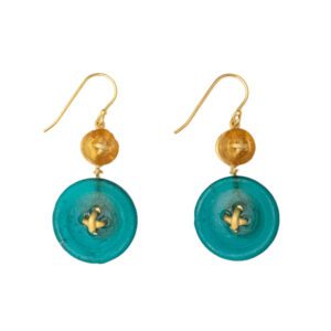 Button 2-Drop Wire Earrings - Amber, Peacock Blue
